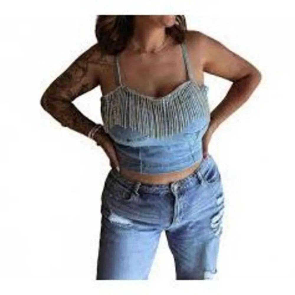 Savanna Jane Emma Denim Cropped Corset Sz M Rhinestone Fringe